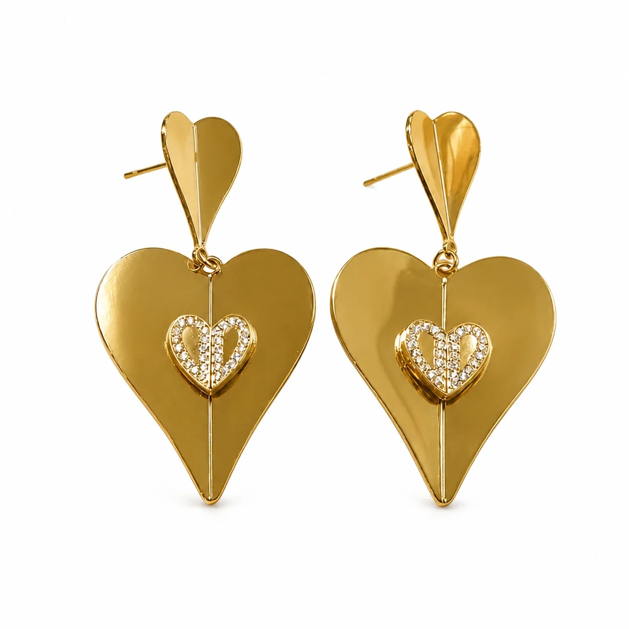 Sculptural 316 Stainless Steel Double-Heart CZ Drop Earrings