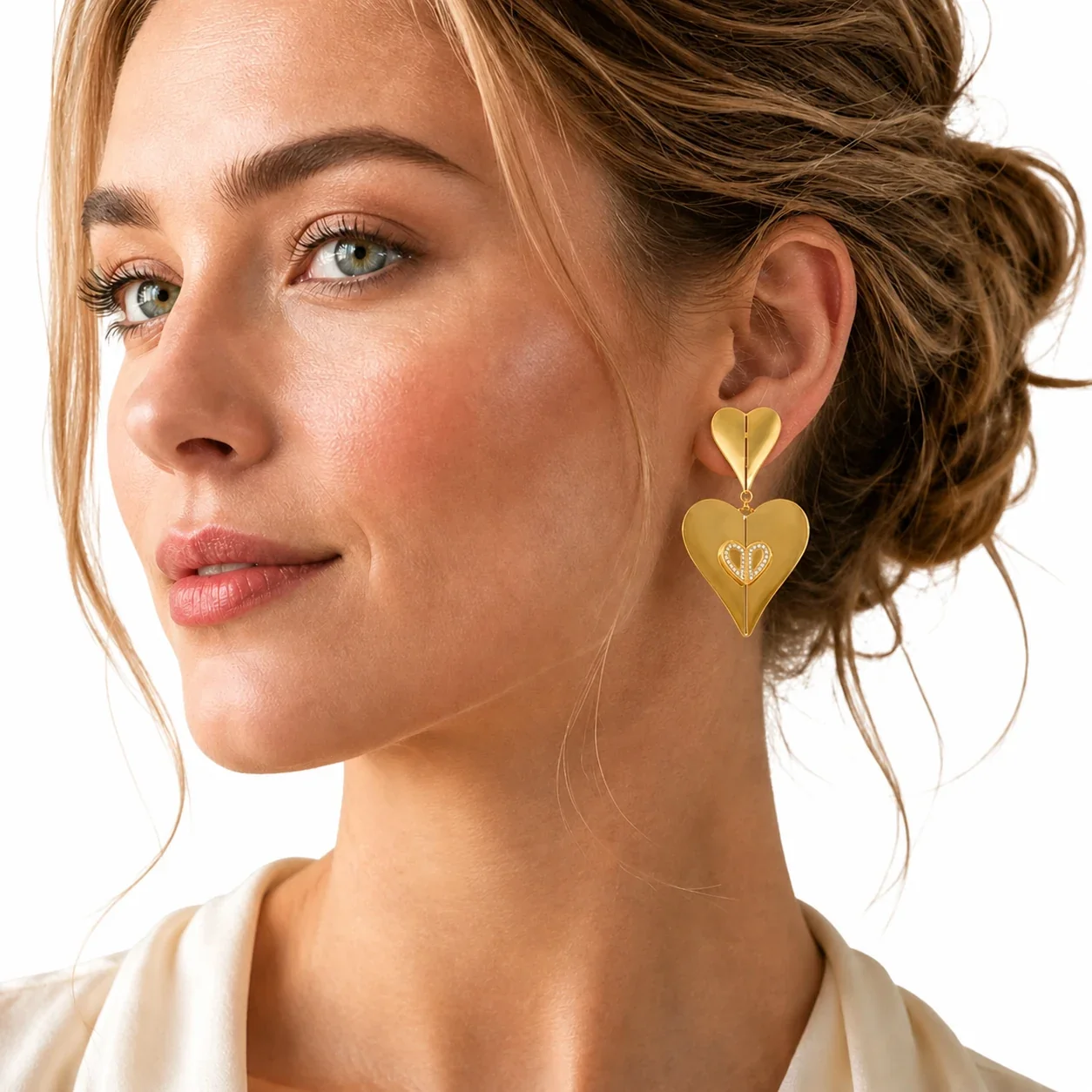 Sculptural 316 Stainless Steel Double-Heart CZ Drop Earrings