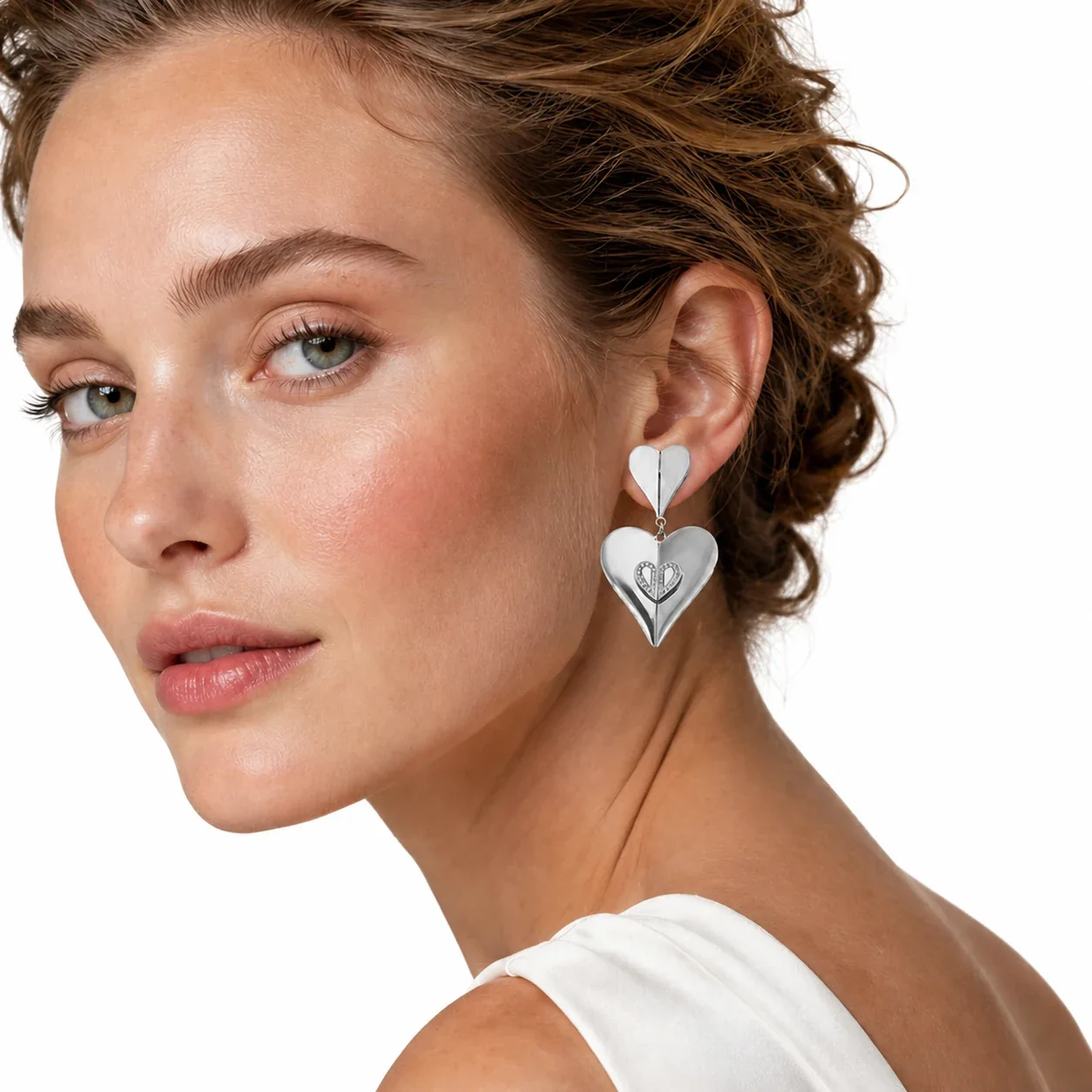 Sculptural 316 Stainless Steel Double-Heart CZ Drop Earrings