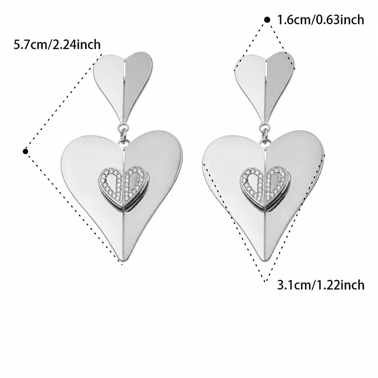 Sculptural 316 Stainless Steel Double-Heart CZ Drop Earrings - Silver CZ Heart
