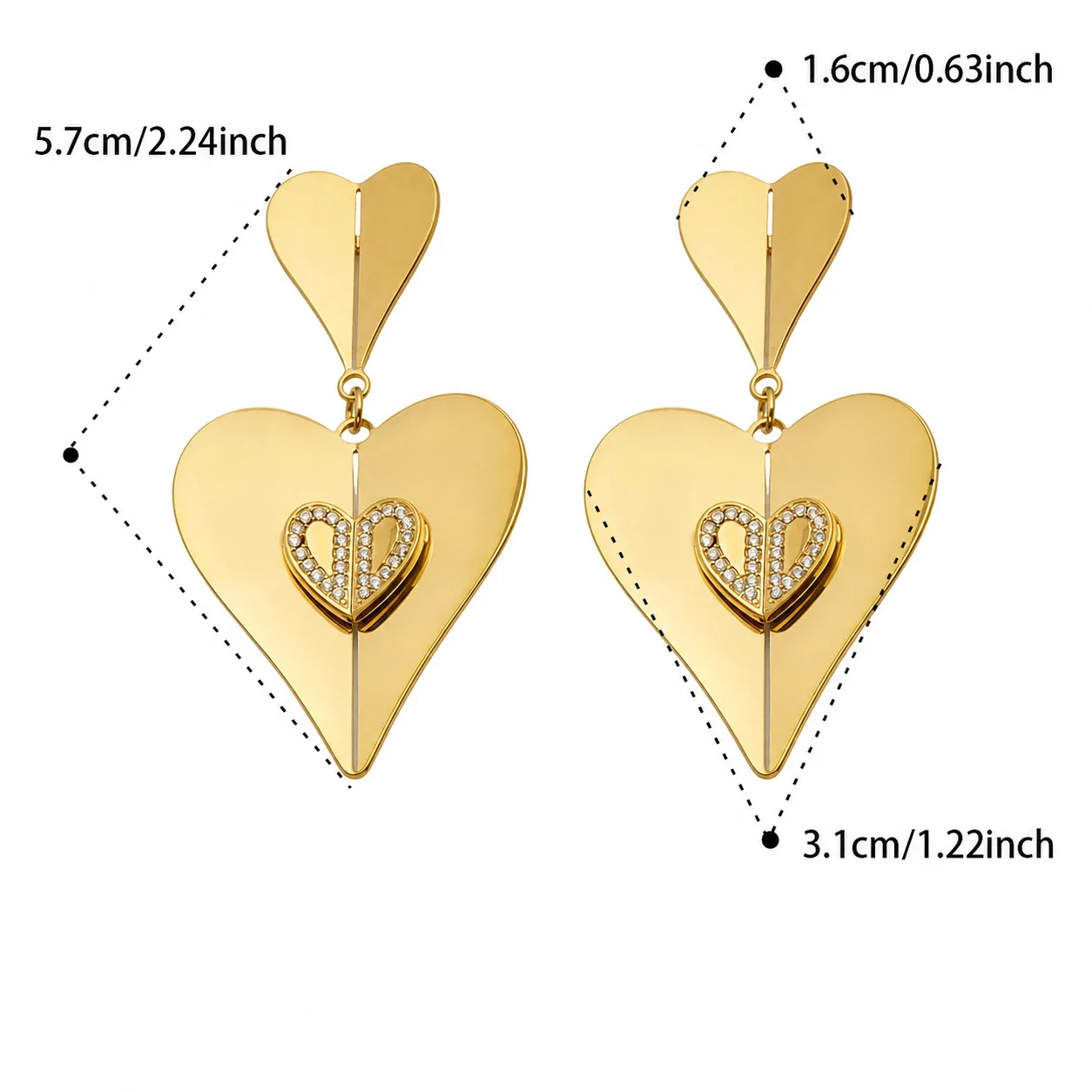 Sculptural 316 Stainless Steel Double-Heart CZ Drop Earrings - Gold CZ Heart