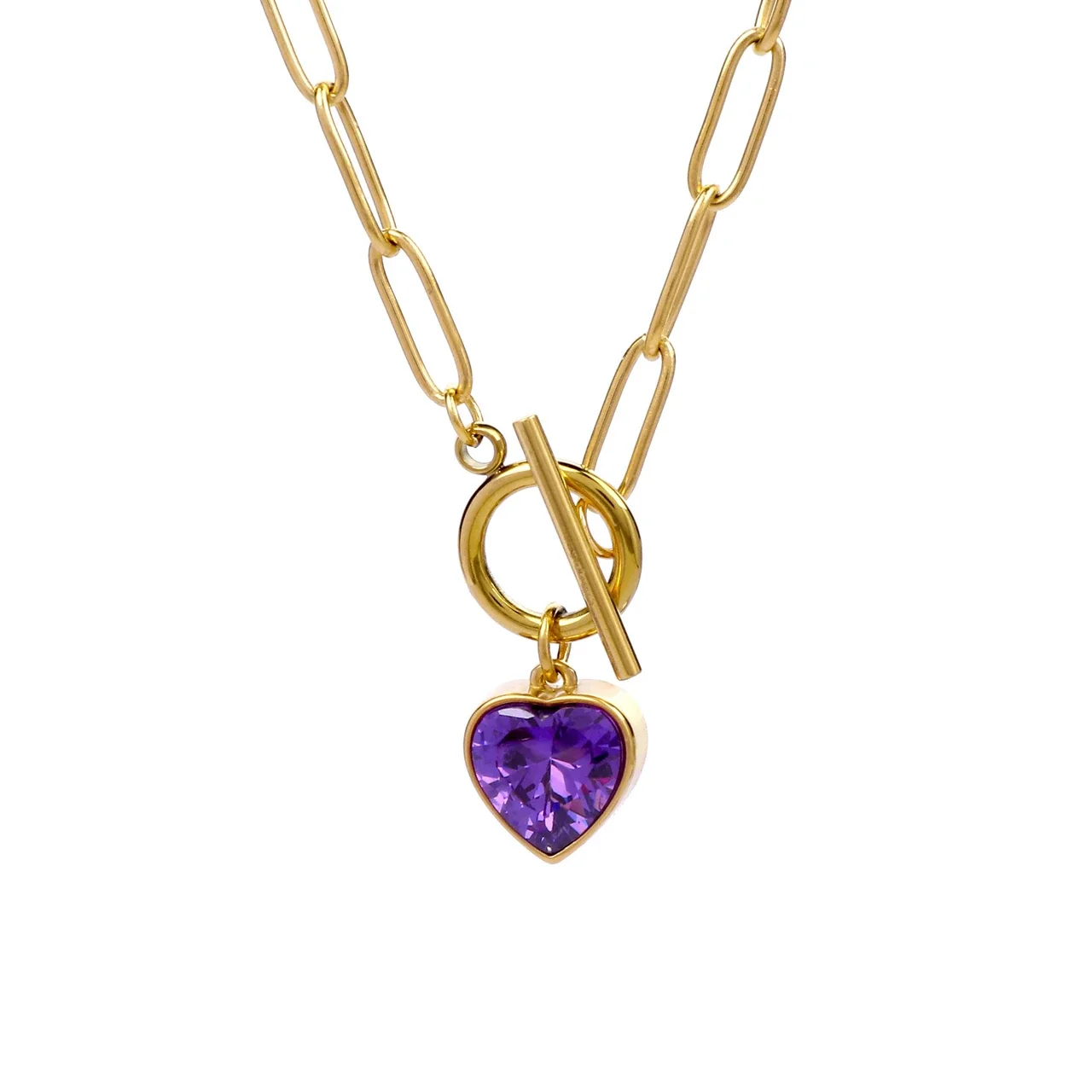 Vintage 18K Gold-Plated Paperclip Heart CZ Pendant Necklace