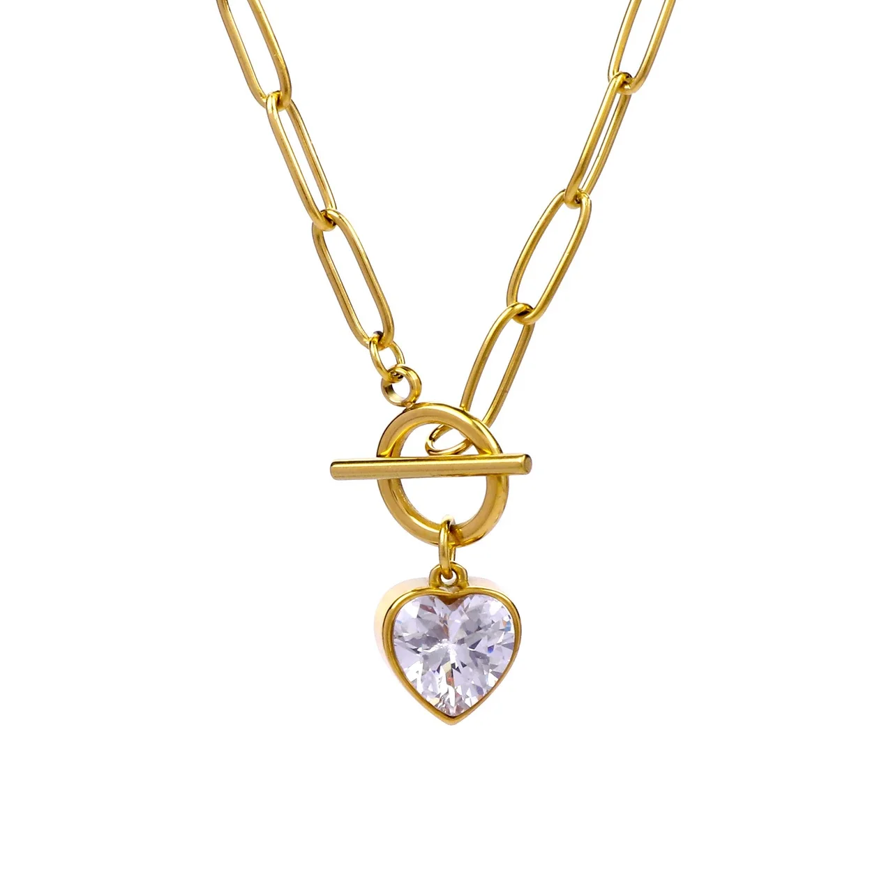 Vintage 18K Gold-Plated Paperclip Heart CZ Pendant Necklace