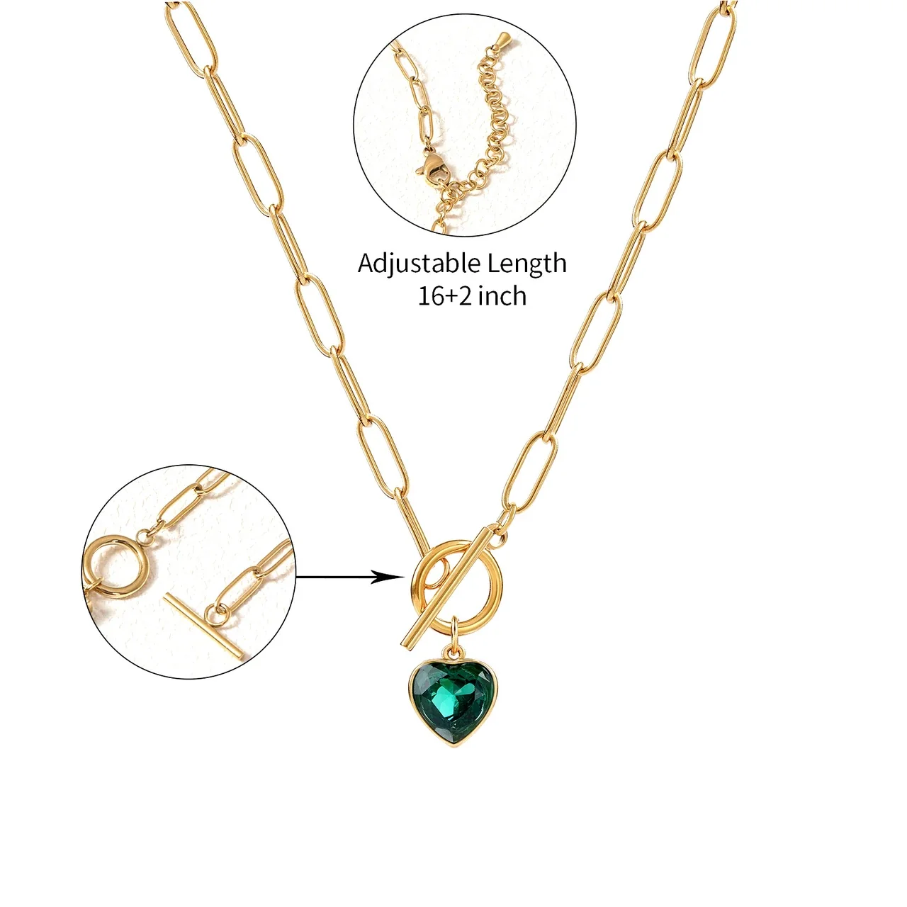 Vintage 18K Gold-Plated Paperclip Heart CZ Pendant Necklace - Gold Green