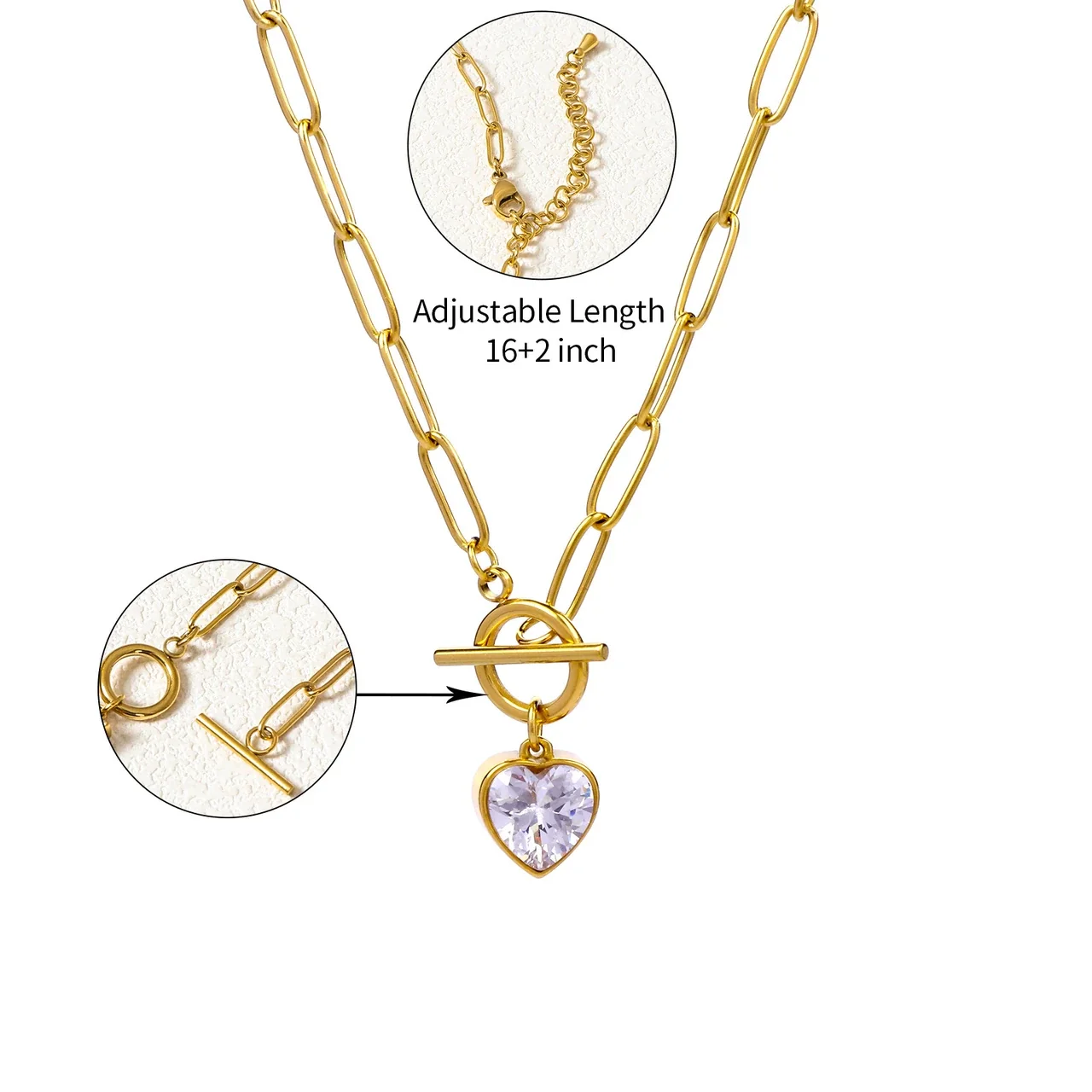 Vintage 18K Gold-Plated Paperclip Heart CZ Pendant Necklace - Gold Clear