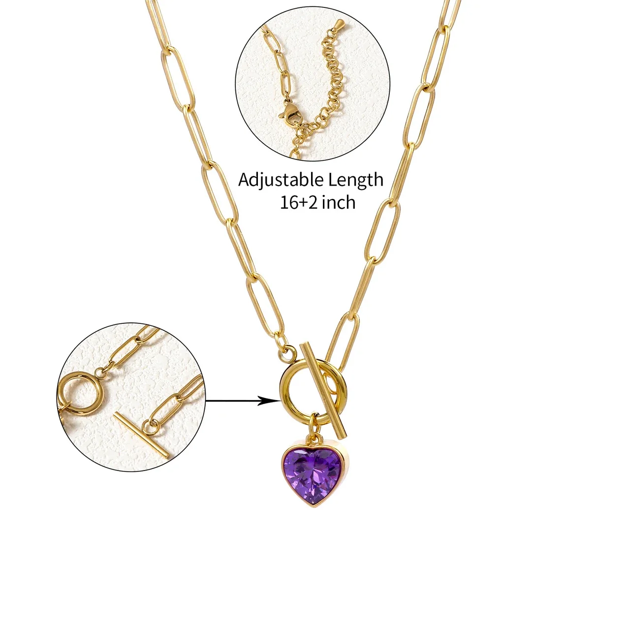 Vintage 18K Gold-Plated Paperclip Heart CZ Pendant Necklace - Gold Purple