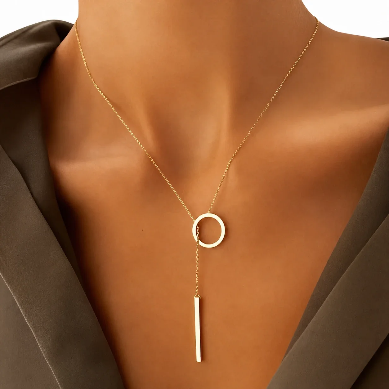 Minimal Gold-Plated Circle and Bar Lariat Necklace