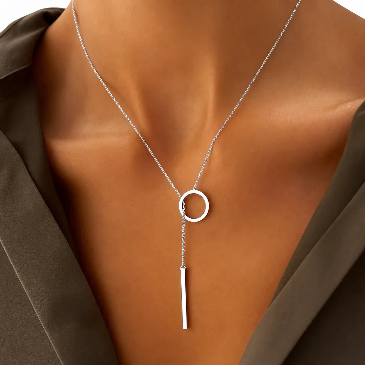 Minimal Gold-Plated Circle and Bar Lariat Necklace