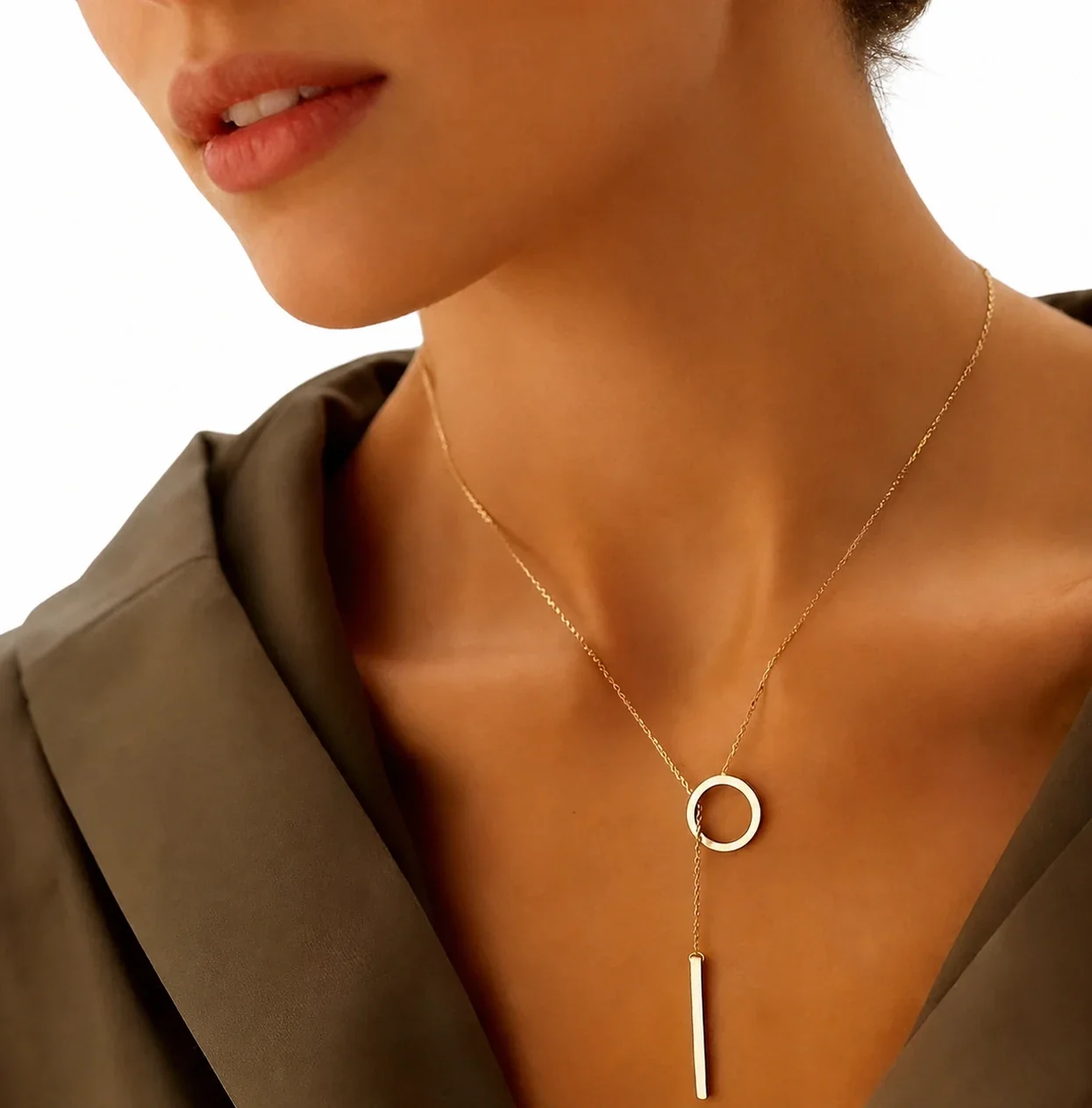 Minimal Gold-Plated Circle and Bar Lariat Necklace