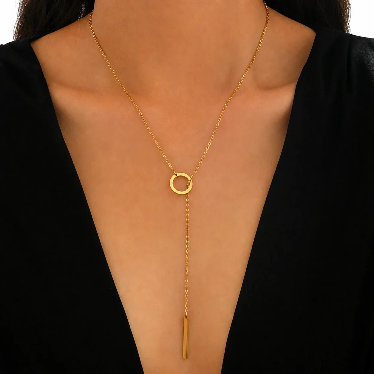 Minimal Gold-Plated Circle and Bar Lariat Necklace - Gold