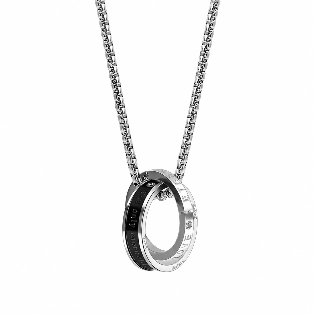 Two-Tone Stainless Steel Box Chain Double Ring Necklace