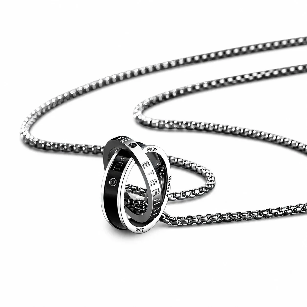 Two-Tone Stainless Steel Box Chain Double Ring Necklace