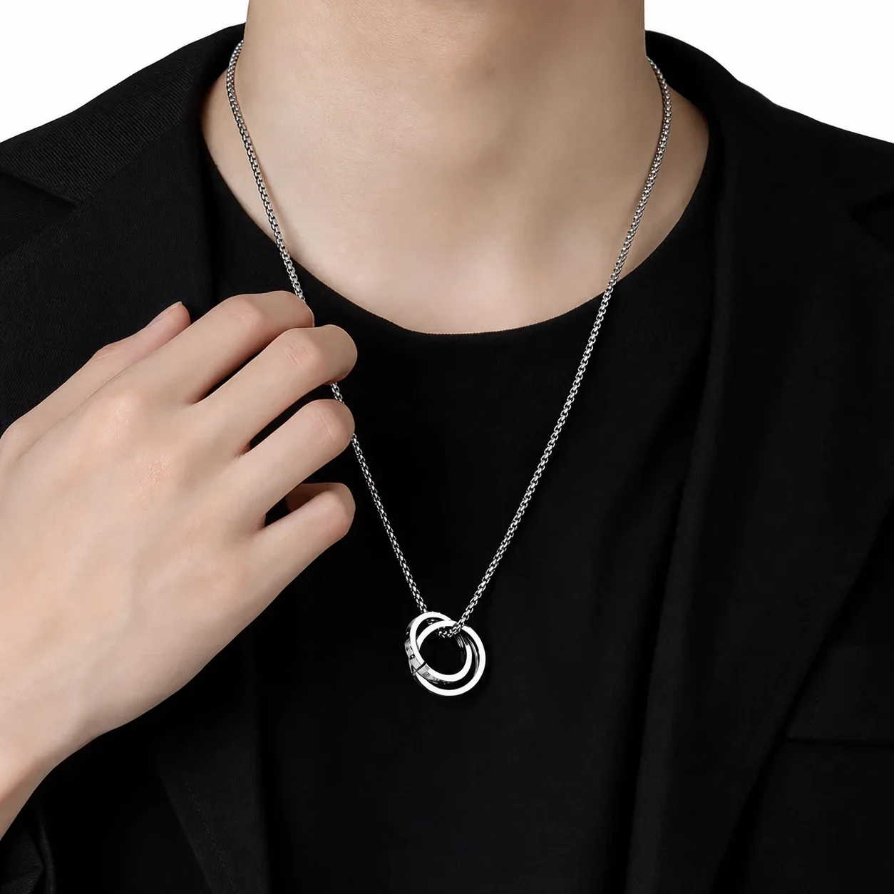 Two-Tone Stainless Steel Box Chain Double Ring Necklace