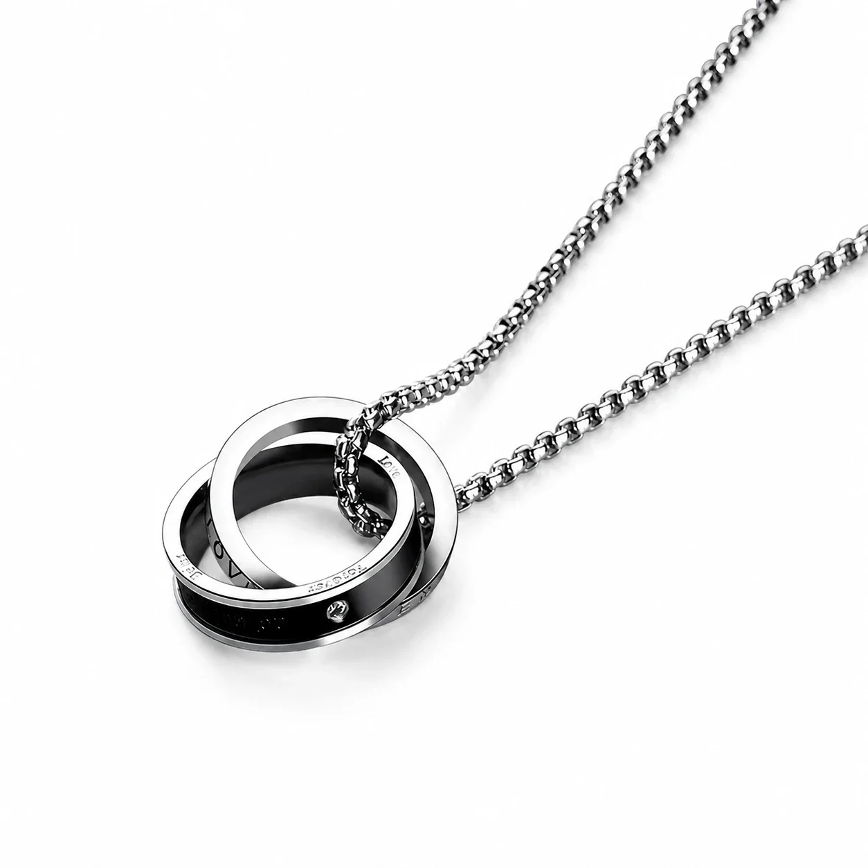 Two-Tone Stainless Steel Box Chain Double Ring Necklace