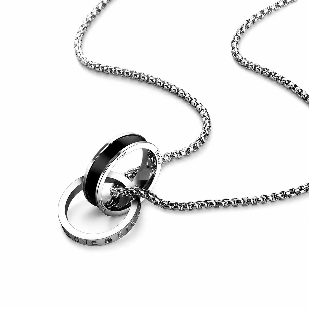 Two-Tone Stainless Steel Box Chain Double Ring Necklace