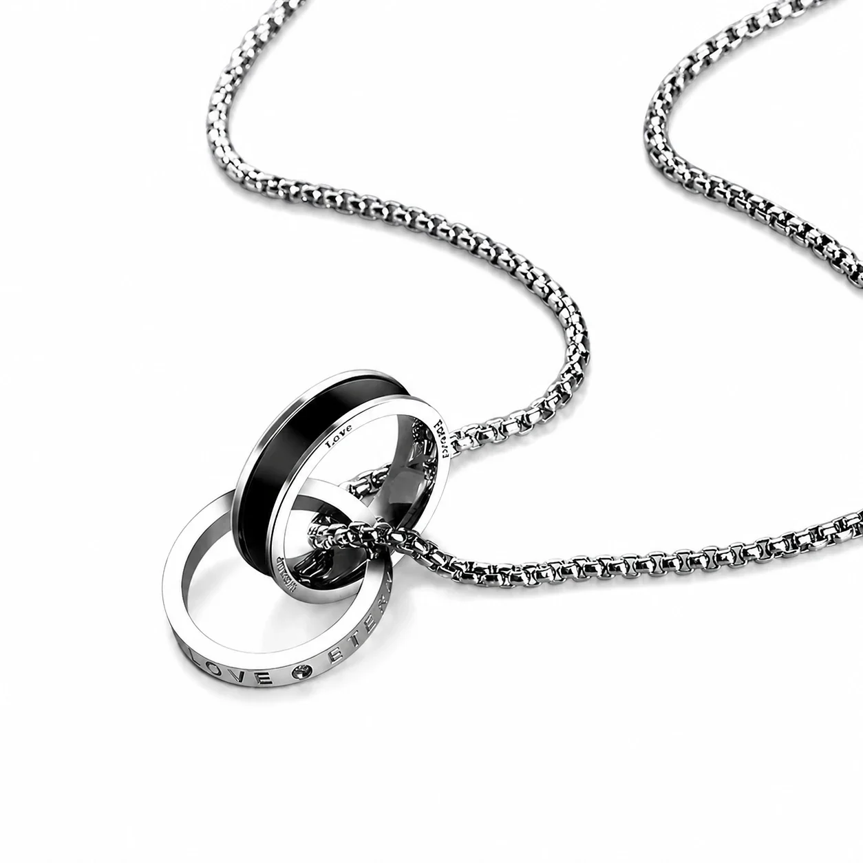 Two-Tone Stainless Steel Box Chain Double Ring Necklace - Black and Silver cm