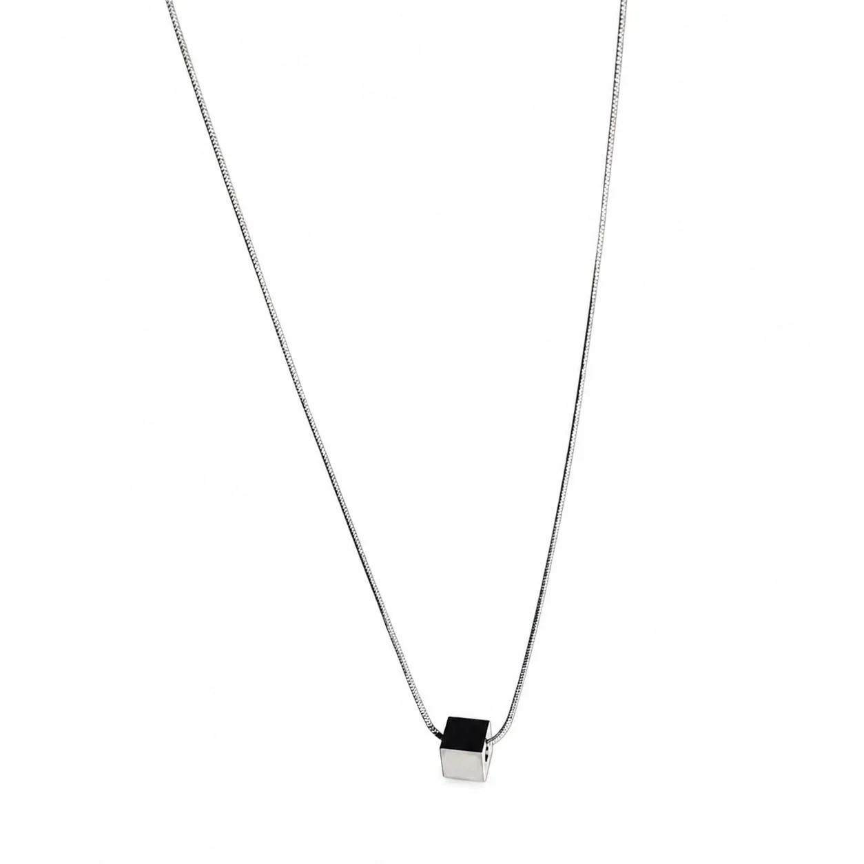 Minimalist Stainless Steel Snake Chain Cube Pendant Necklace