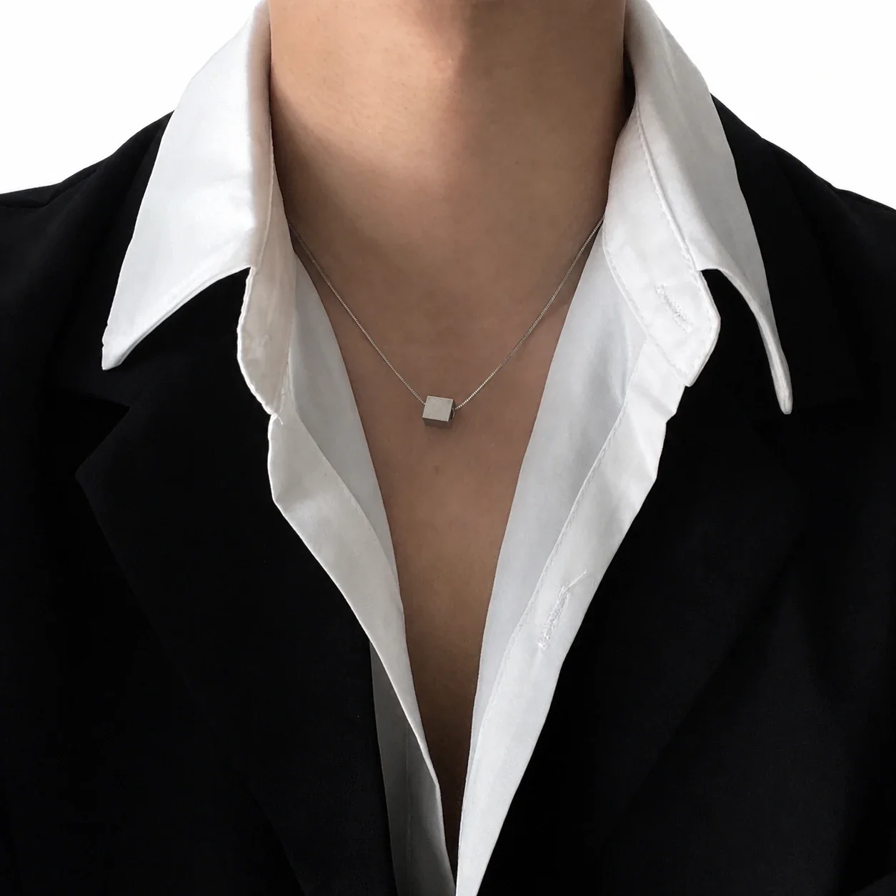 Minimalist Stainless Steel Snake Chain Cube Pendant Necklace