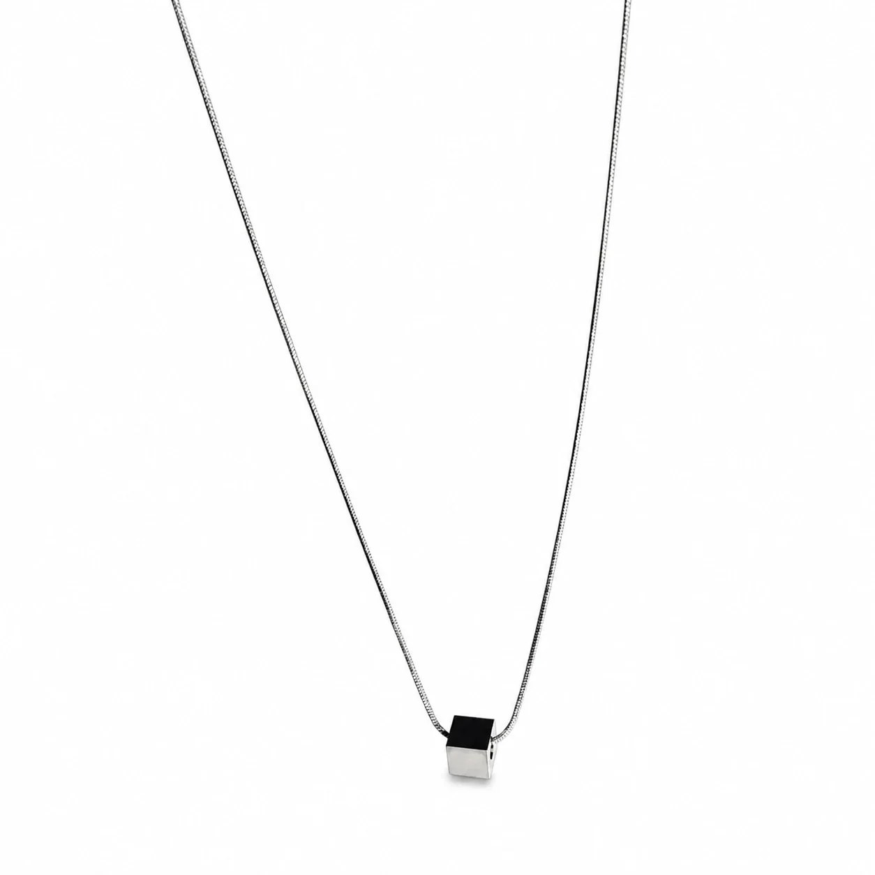 Minimalist Stainless Steel Snake Chain Cube Pendant Necklace - Silver Cube cm