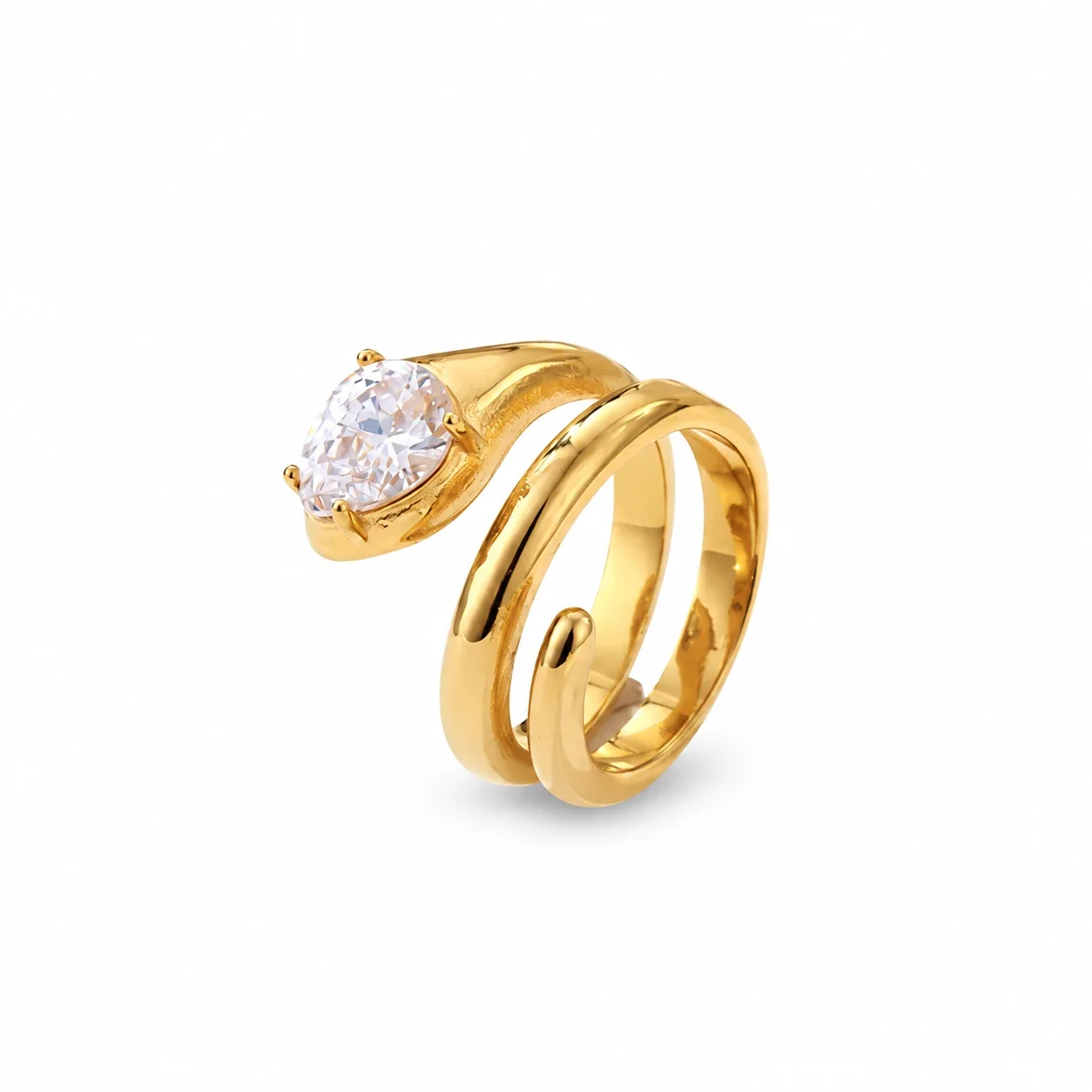 Snake Ring with Pear-Cut Crystal, Gold-Plated Stainless Steel