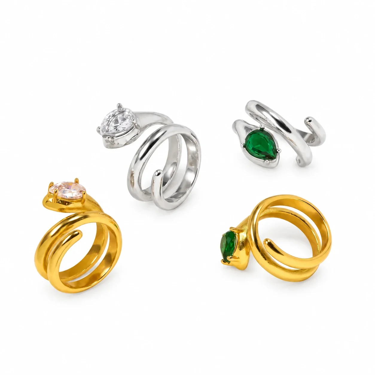 Snake Ring with Pear-Cut Crystal, Gold-Plated Stainless Steel