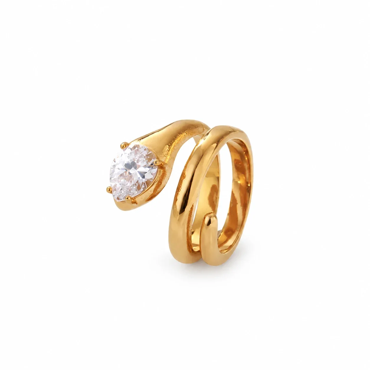 Snake Ring with Pear-Cut Crystal, Gold-Plated Stainless Steel