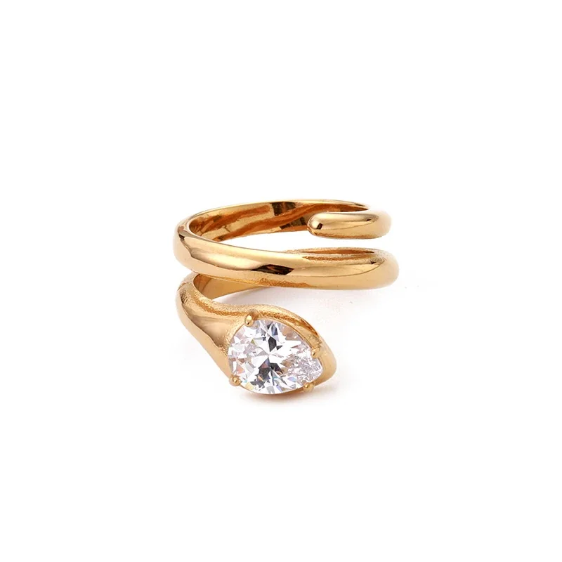 Snake Ring with Pear-Cut Crystal, Gold-Plated Stainless Steel