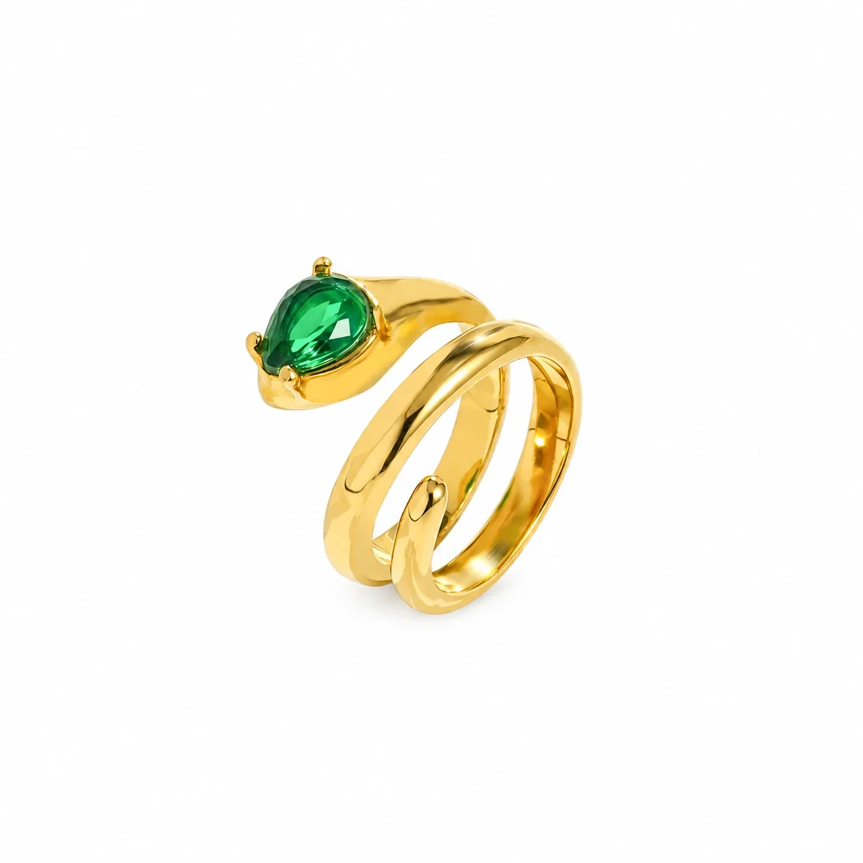 Snake Ring with Pear-Cut Crystal, Gold-Plated Stainless Steel - Gold Emerald-Green Crystal