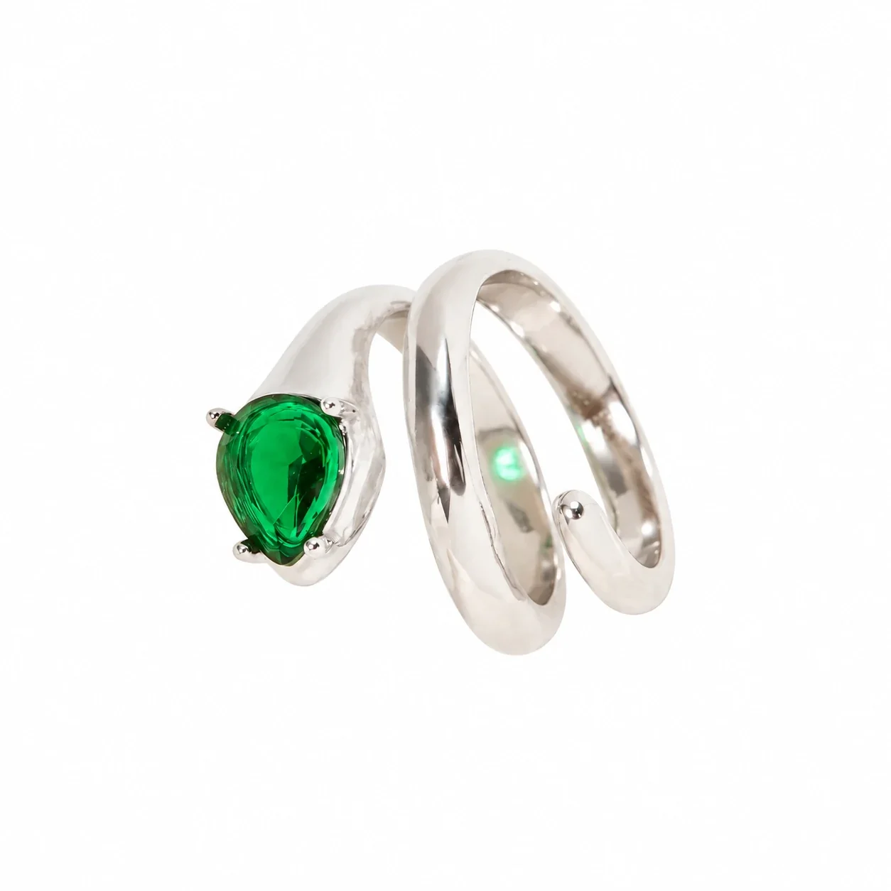 Snake Ring with Pear-Cut Crystal, Gold-Plated Stainless Steel - Silver Emerald-Green Crystal