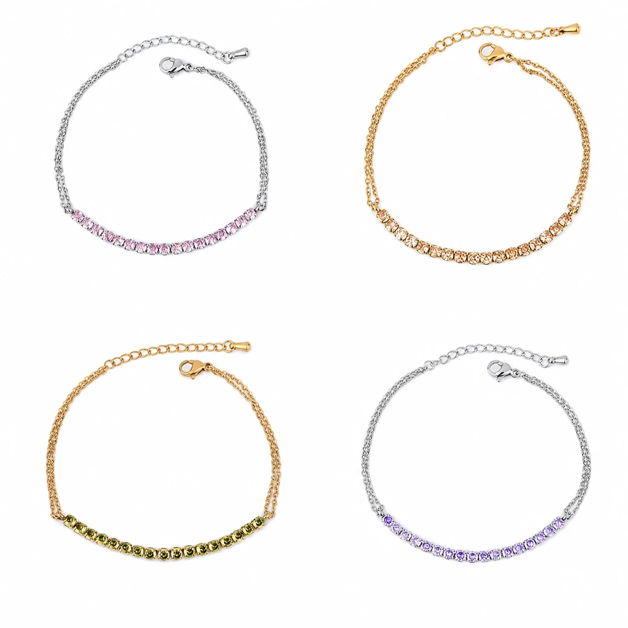 Delicate Stainless Steel Double-Chain Crystal Bar Bracelet
