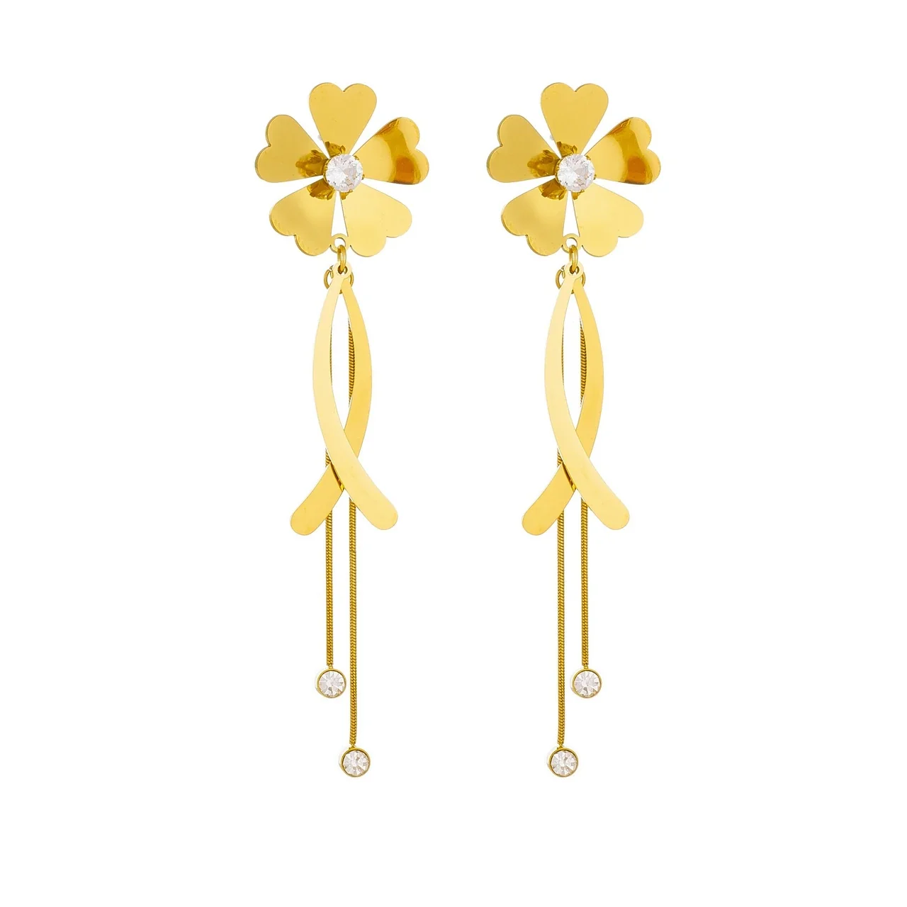 Drop Earrings: Heart-Petal Flower & Chain Tassels, Gold-Plated Steel