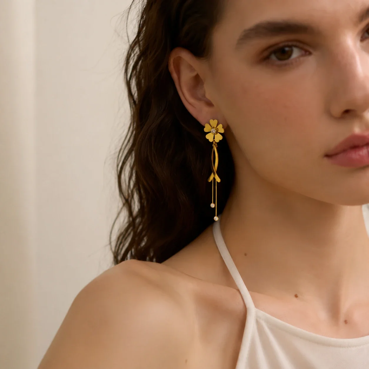 Drop Earrings: Heart-Petal Flower & Chain Tassels, Gold-Plated Steel