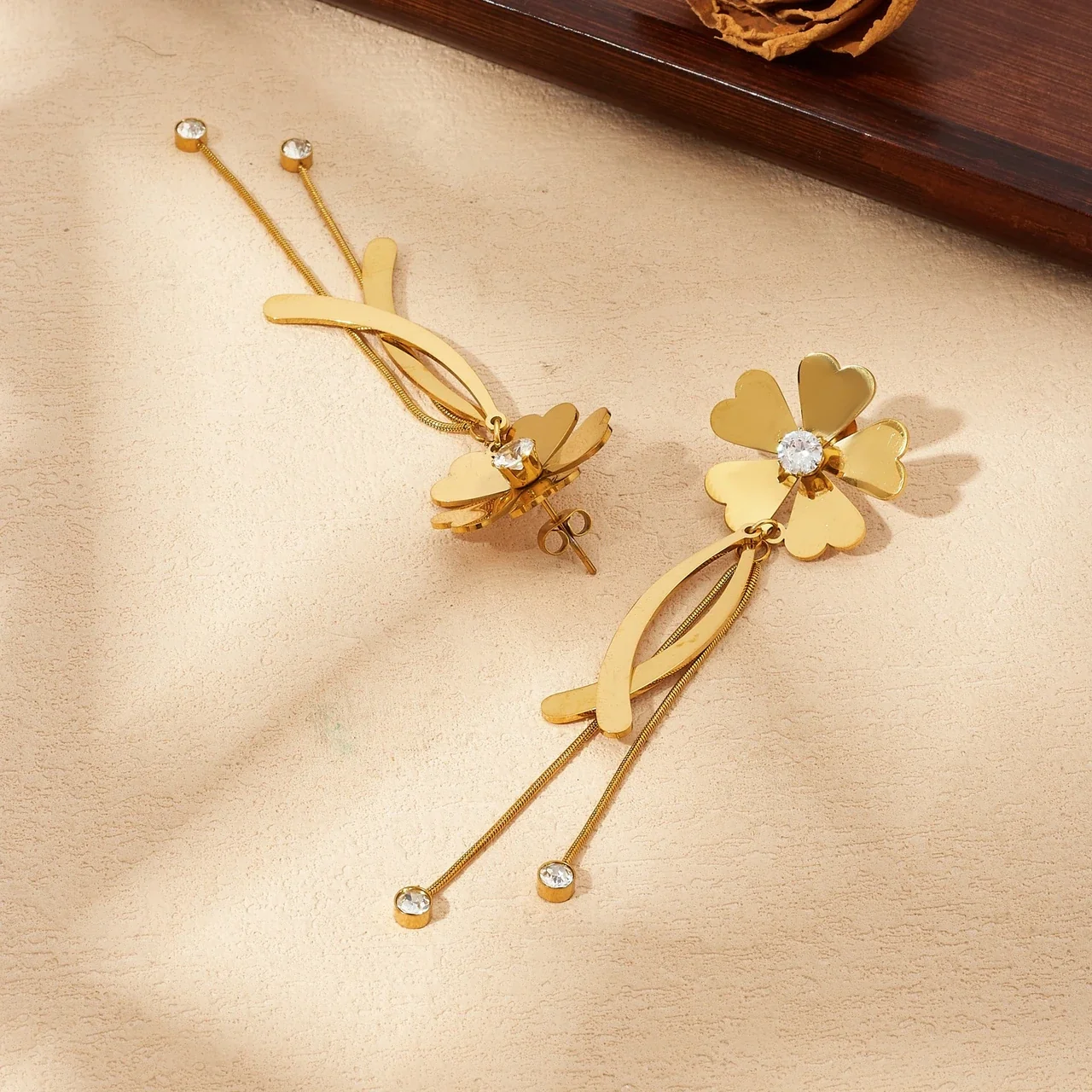 Drop Earrings: Heart-Petal Flower & Chain Tassels, Gold-Plated Steel