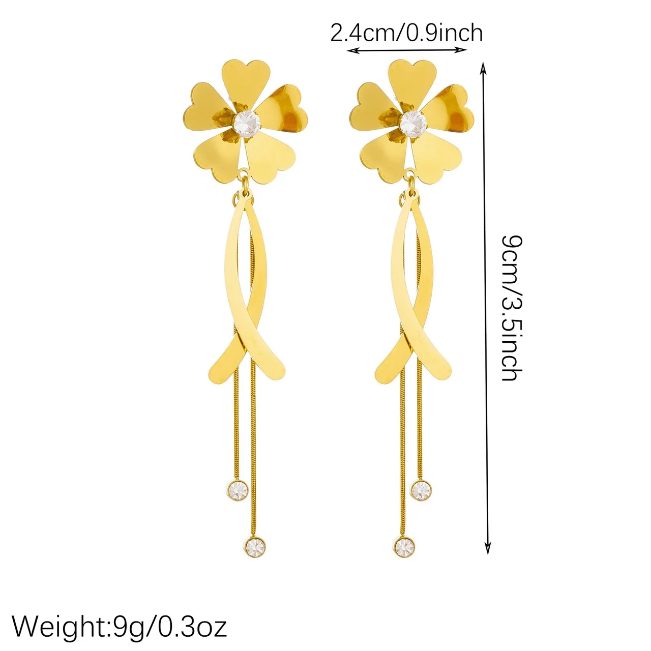 Drop Earrings: Heart-Petal Flower & Chain Tassels, Gold-Plated Steel