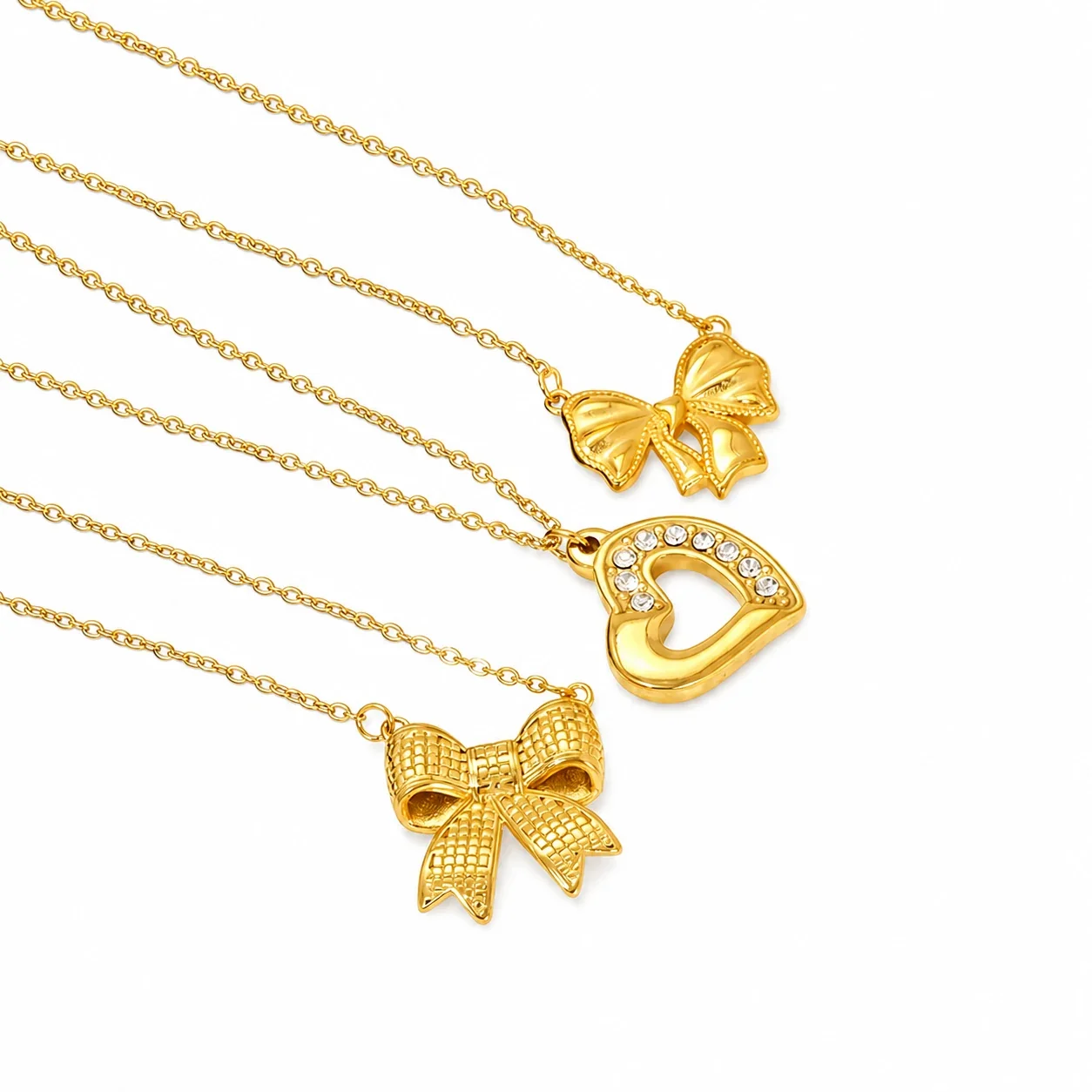 Zarte 18K goldbeschichtete Herz-, Schleifen- & Ankerkette aus Edelstahl
