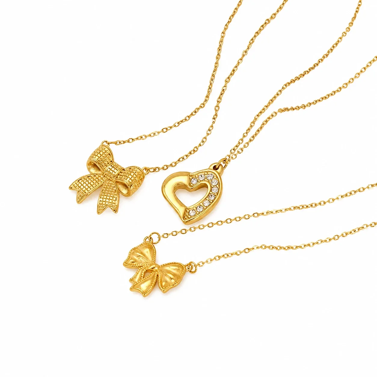 Delicate 18K Gold-Plated Heart, Bow & Cable Chain Necklace