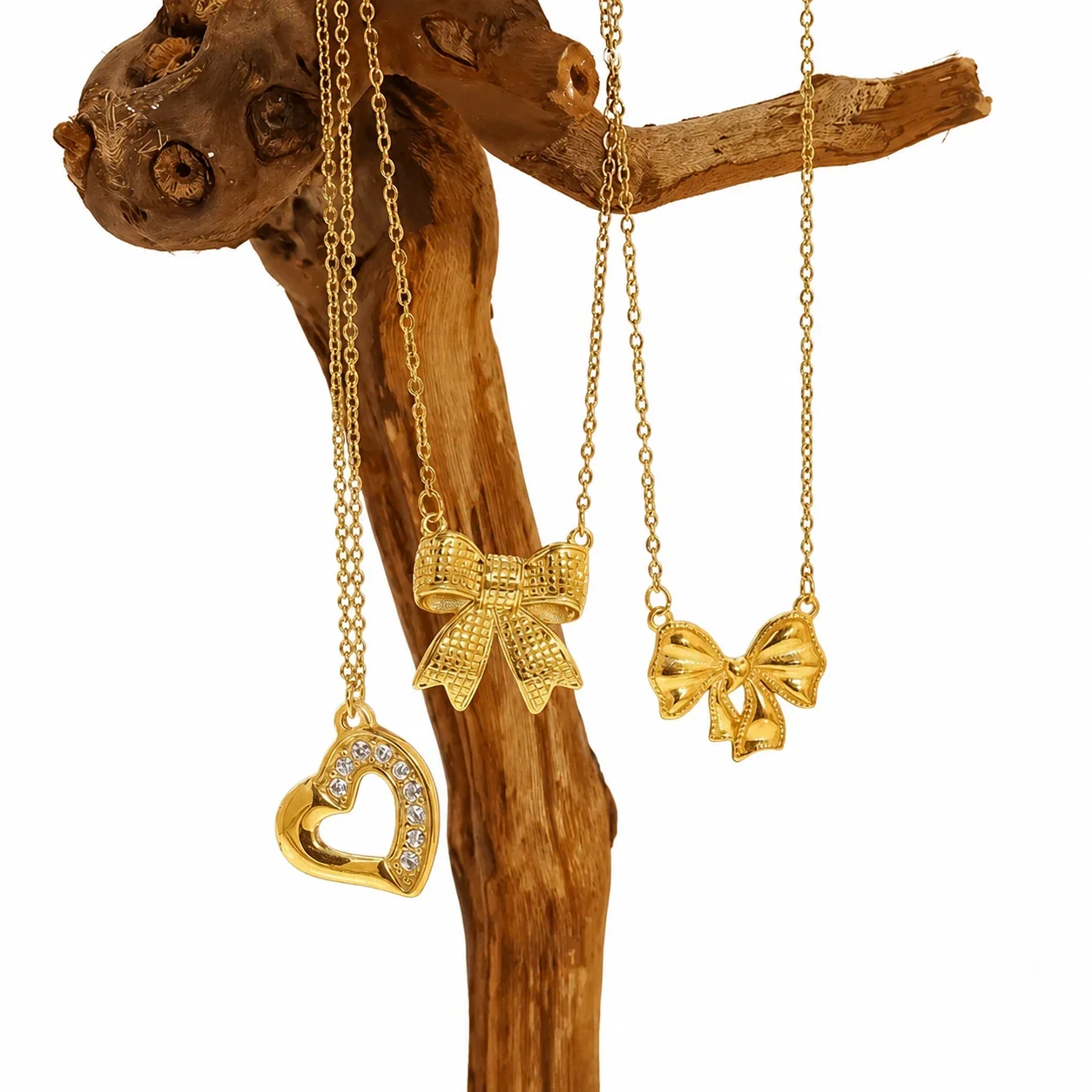 Delicate 18K Gold-Plated Heart, Bow & Cable Chain Necklace