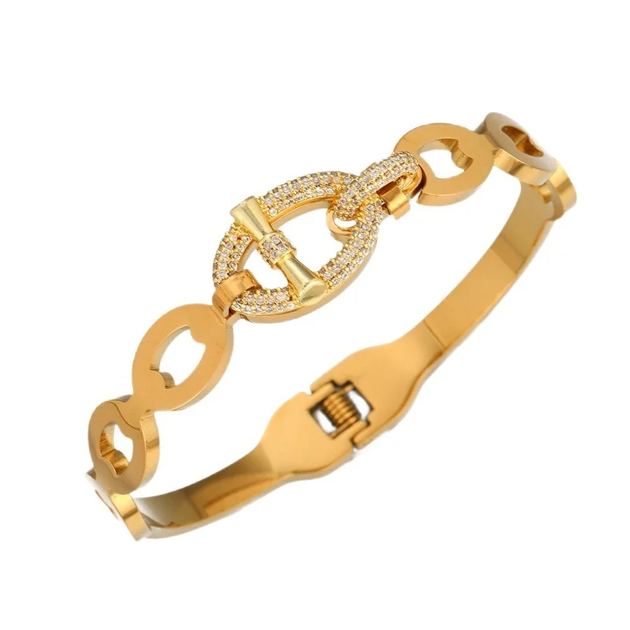 Bangle Bracelet with Pavé Oval Toggle Links, Stainless Steel