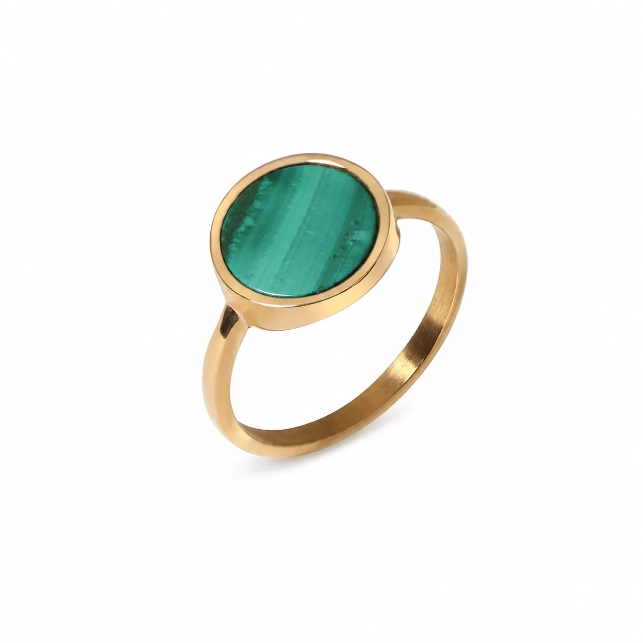Refined 18K Gold-Plated Round Malachite Bezel Ring