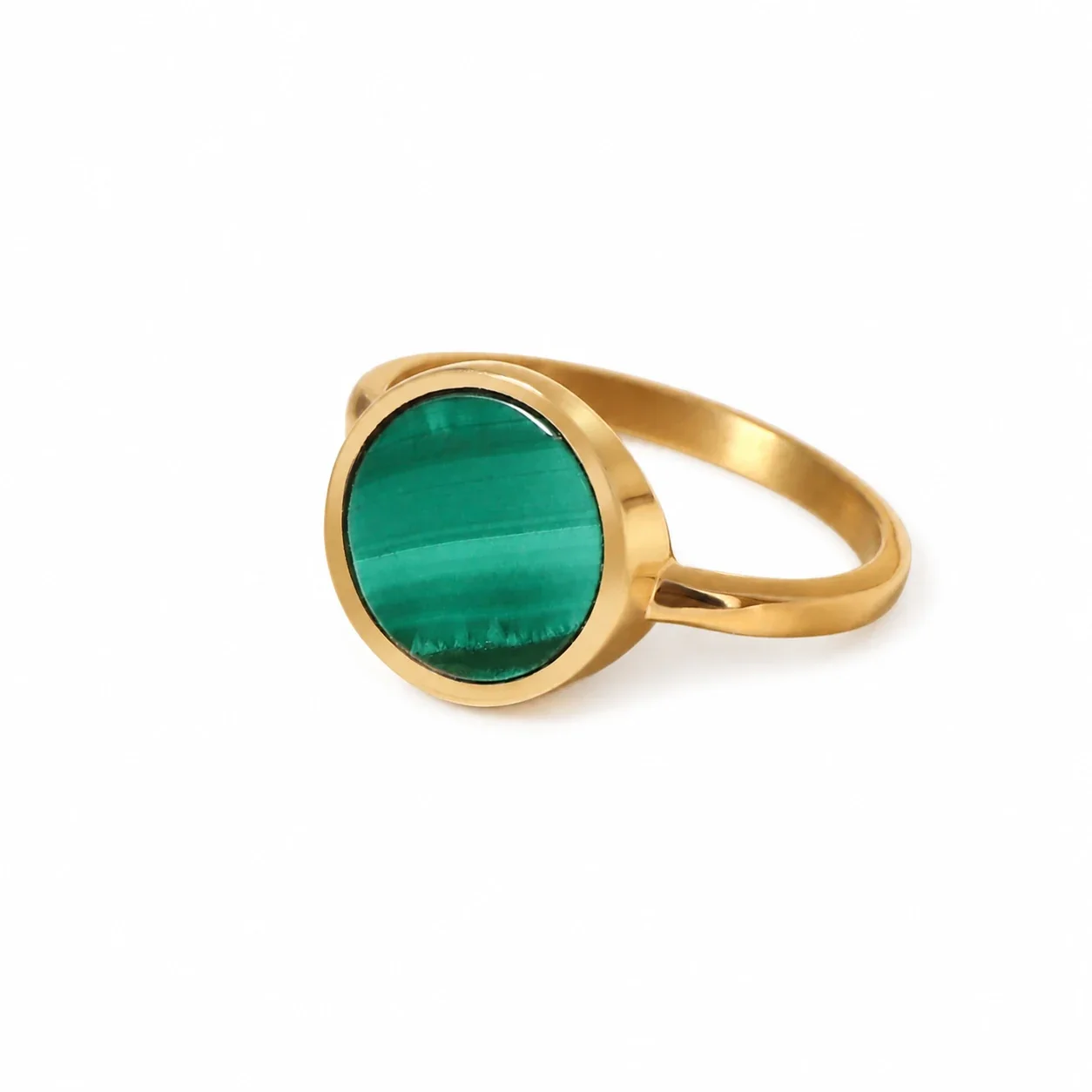 Refined 18K Gold-Plated Round Malachite Bezel Ring