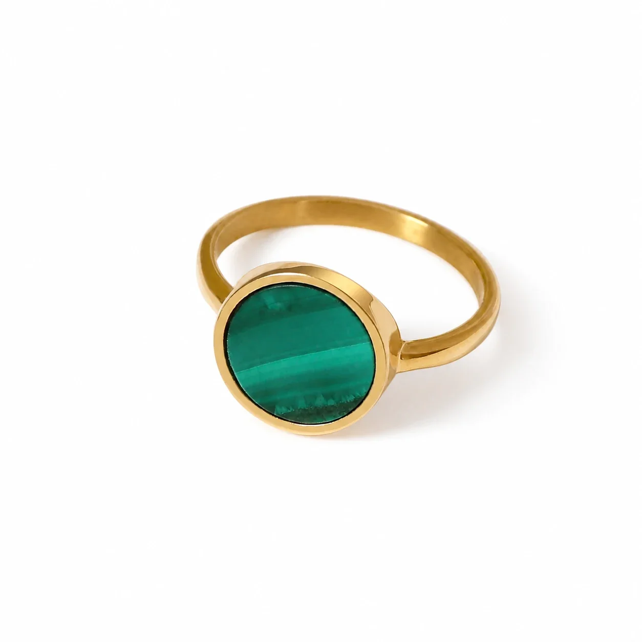 Refined 18K Gold-Plated Round Malachite Bezel Ring