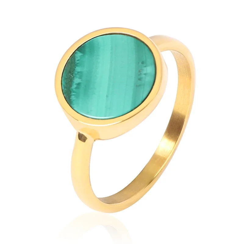 Refined 18K Gold-Plated Round Malachite Bezel Ring