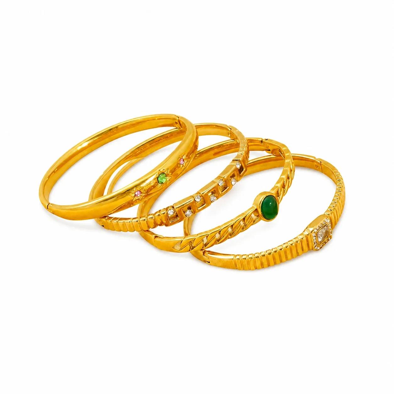 Ribbed Gold-Plated Stainless Steel CZ Bangle Bracelet