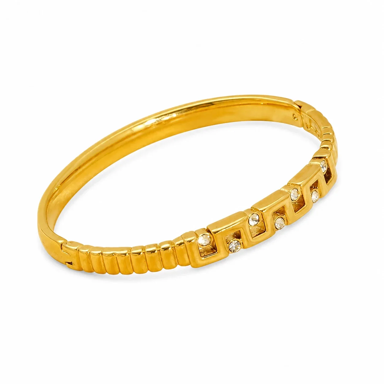 Ribbed Gold-Plated Stainless Steel CZ Bangle Bracelet