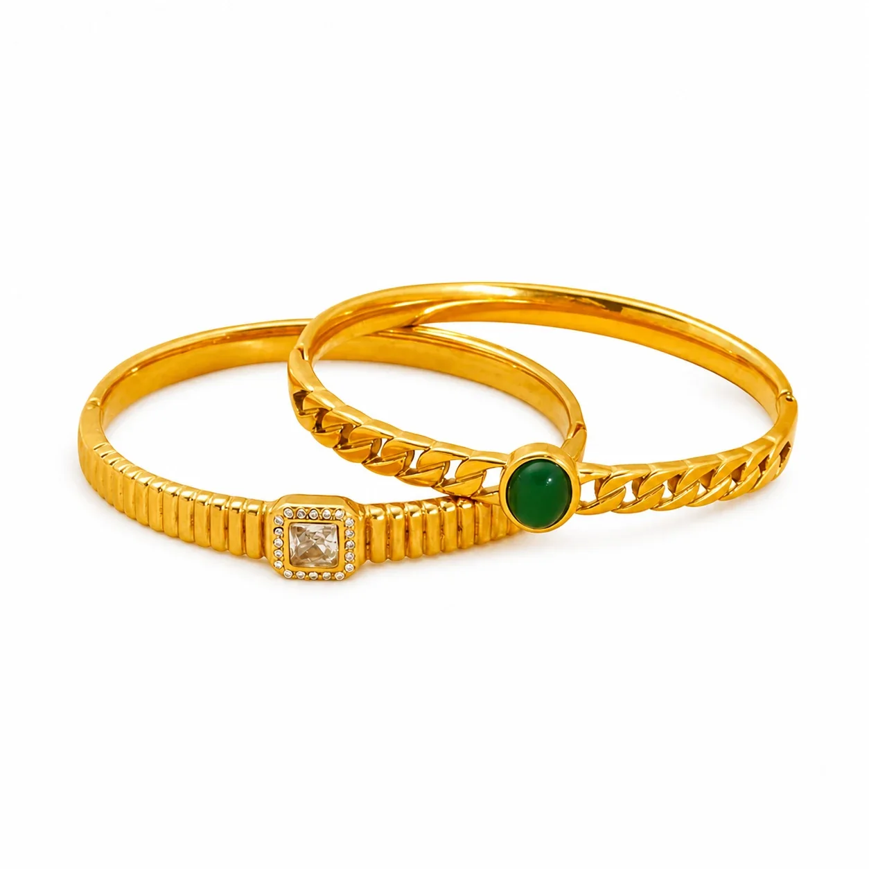Ribbed Gold-Plated Stainless Steel CZ Bangle Bracelet