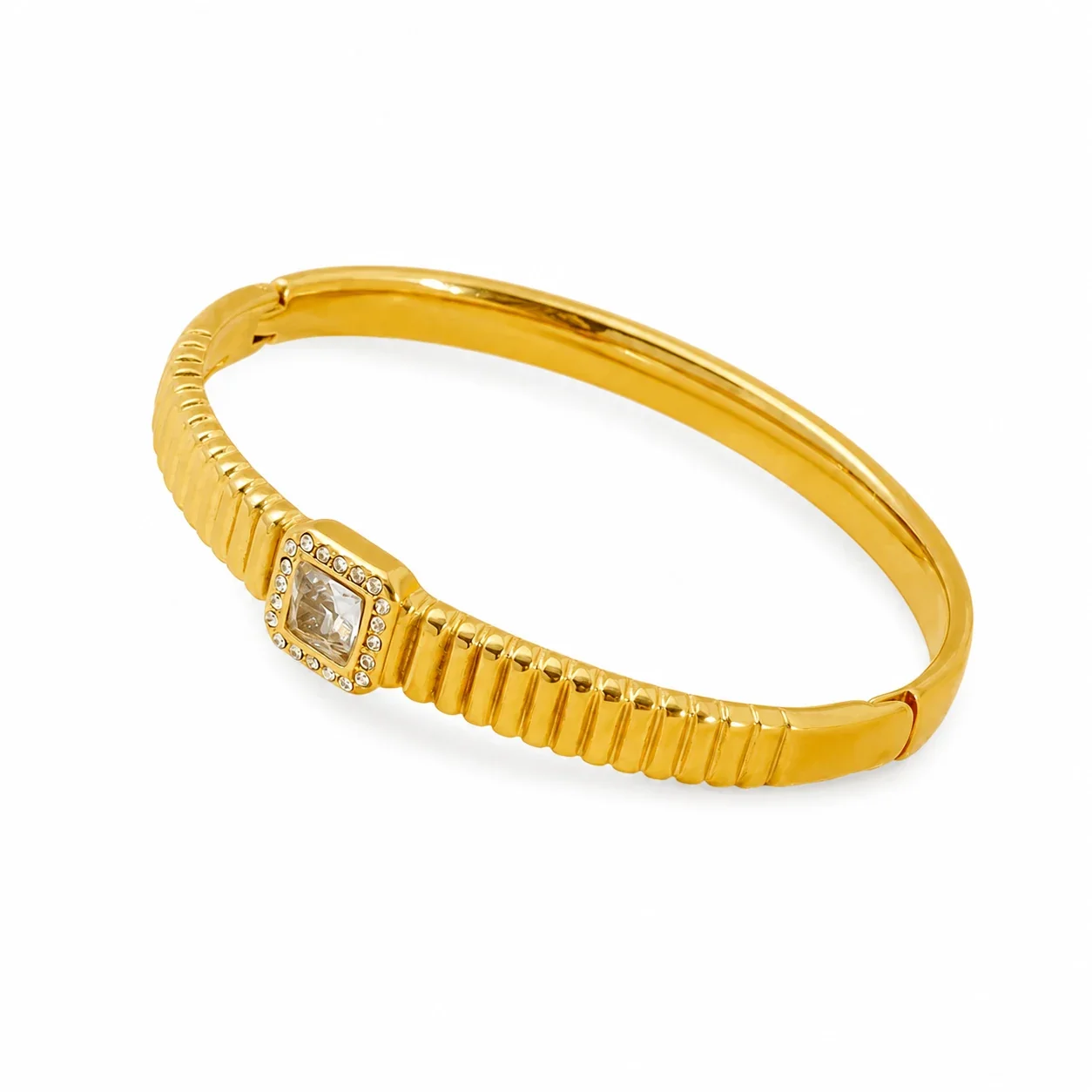Ribbed Gold-Plated Stainless Steel CZ Bangle Bracelet