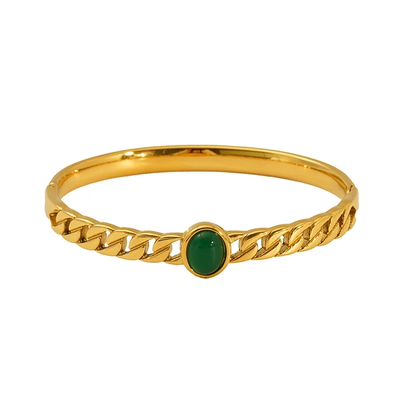 Ribbed Gold-Plated Stainless Steel CZ Bangle Bracelet