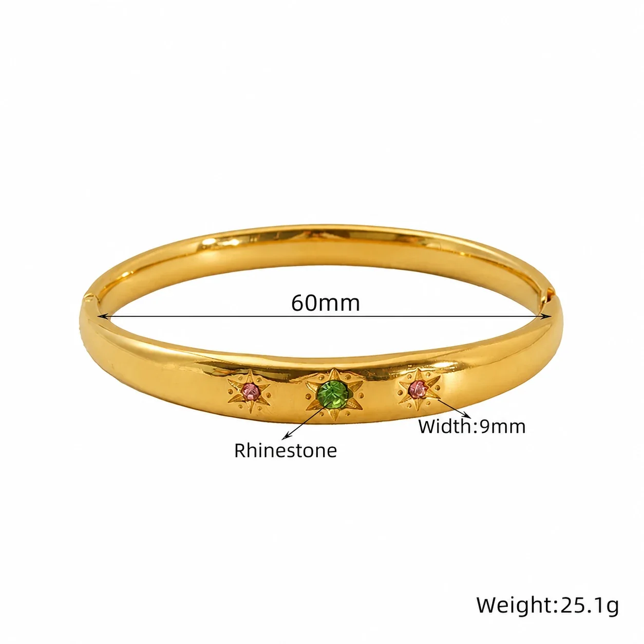 Ribbed Gold-Plated Stainless Steel CZ Bangle Bracelet - Gold Square CZ