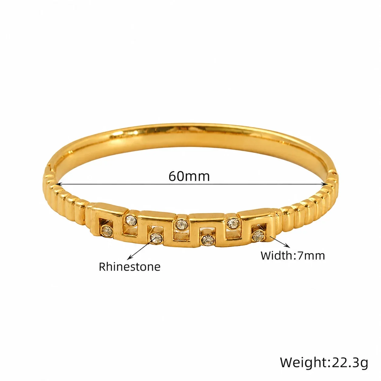 Ribbed Gold-Plated Stainless Steel CZ Bangle Bracelet - Gold Green Round Stone