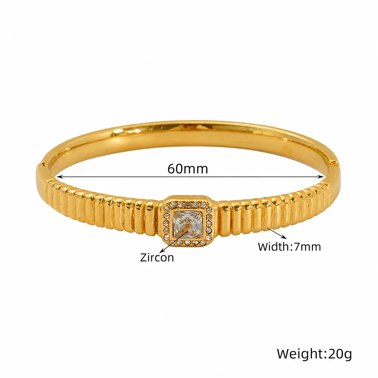Ribbed Gold-Plated Stainless Steel CZ Bangle Bracelet - Gold Clear CZ Bar